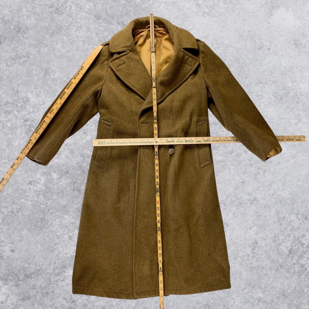 Vintage US Army WWII Era Tan Olive Wool Overcoat Military Trench Over Coat